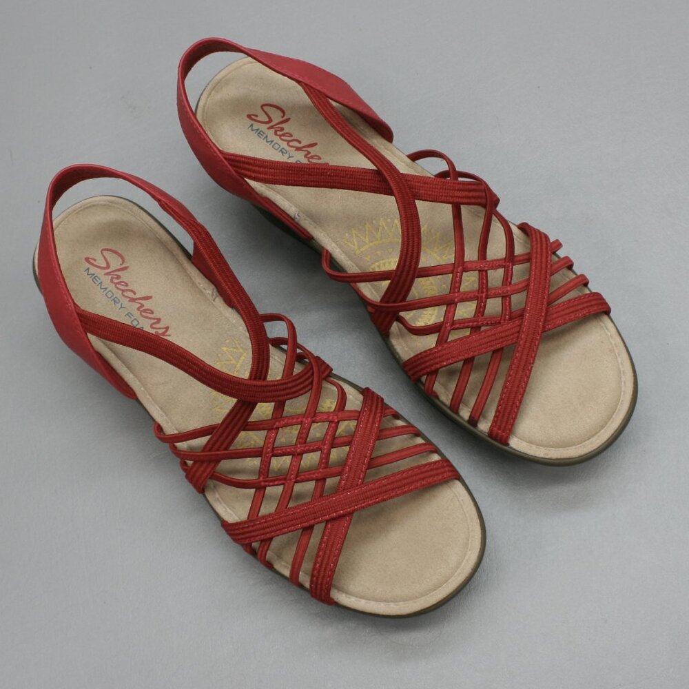 Skechers Ladies 8 Parallel-Crossed Wires Red Slingback Wedge Heels Sandals Shoes - Picture 7 of 10